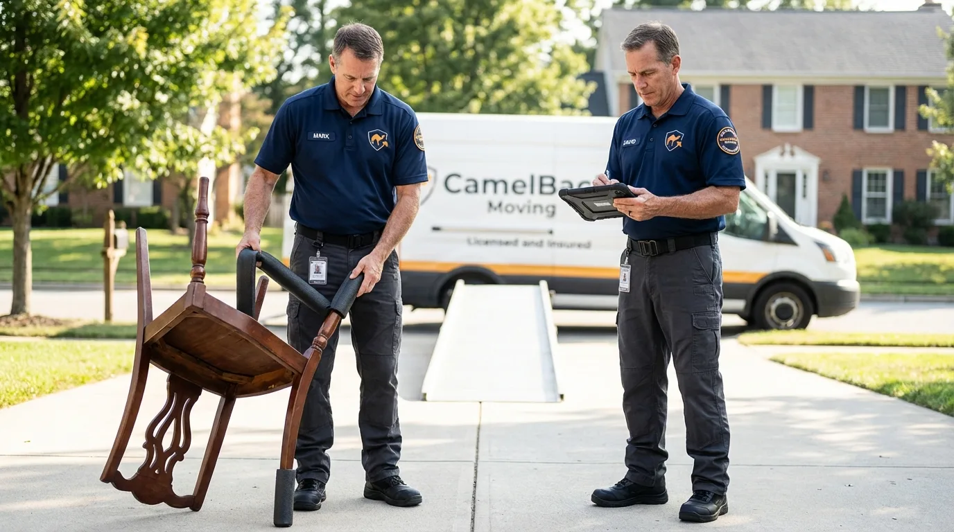 Movers inspecting furniture for damage prevention before loading in Frenchville, ME